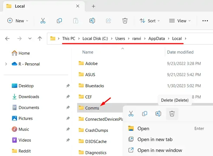 Usuń folder Comms w systemie Windows
