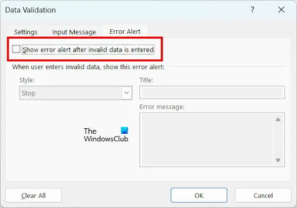 Deshabilitar alerta de error de validación de datos