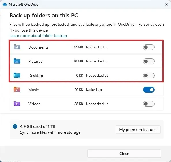 OneDrive wyłączanie kopii zapasowej folderu