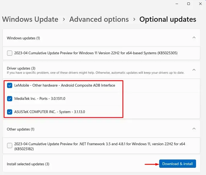 Download en installeer optionele updates onder Instellingen