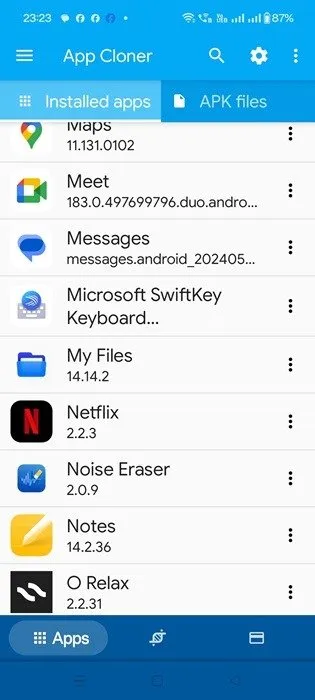 Clonador de aplicaciones con una lista de diferentes aplicaciones en la pantalla de inicio.