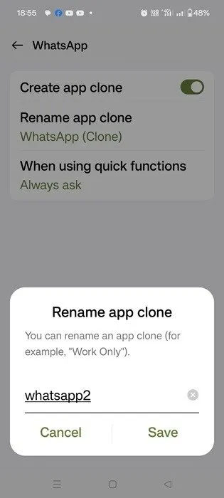 Renommer un clone d'application WhatsApp en