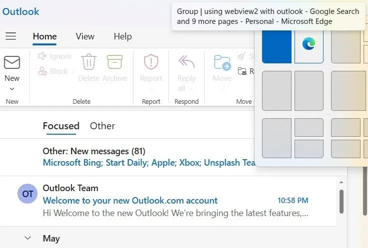 Ejemplo de WebView que se muestra en Outlook, una aplicación de Microsoft 365.