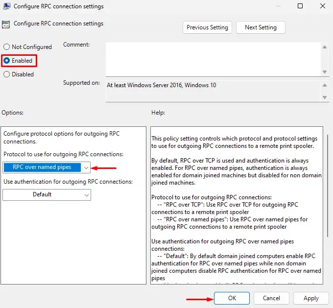 Enable Configure RPC connection settings Policy