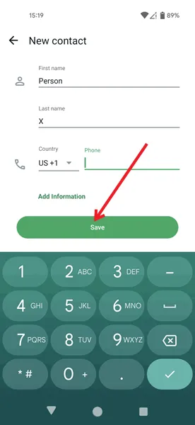 Enregistrer un nouveau contact directement dans WhatsApp pour Android.