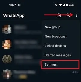 Tippen Sie auf Android auf die Option „Einstellungen“ in WhatsApp.