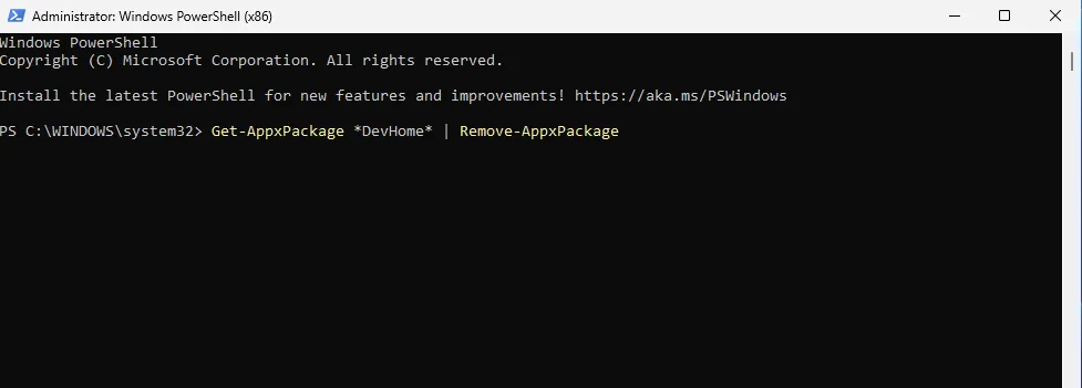 Polecenie Get-AppxPackage devhome powershell
