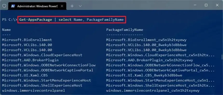 PowerShell list installed apps by PackageFamilyName