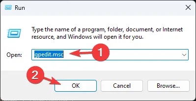 gpedit.msc et cliquez sur OK pour ouvrir l'éditeur de stratégie de groupe. - Impossible de désactiver la protection en temps réel sous Windows 11