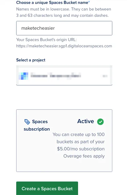 Zrzut ekranu przedstawiający pole tekstowe z prośbą o podanie nazwy Spaces i lokalizacji