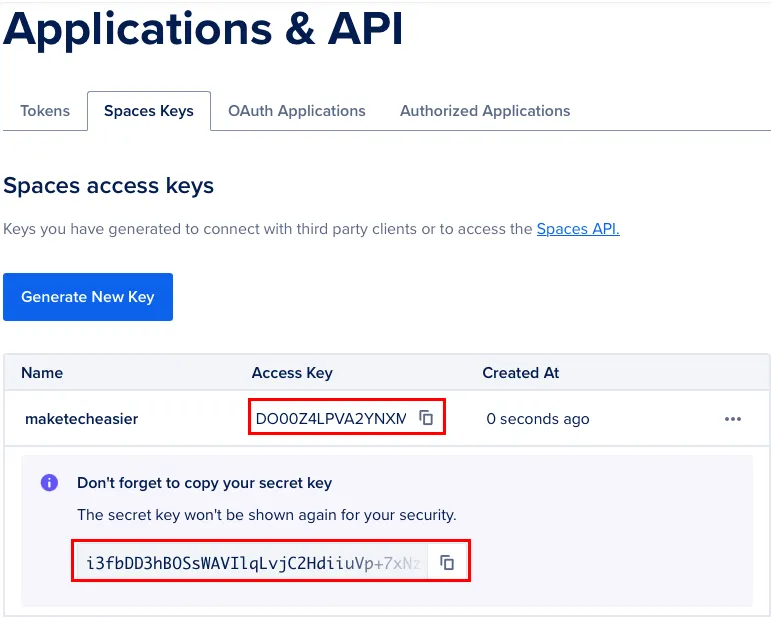 Zrzut ekranu pokazujący lokalizację klucza dostępu i tajnego klucza do segmentu Spaces.