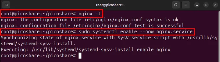 Un terminal affichant la vérification de la configuration et la commande systemctl pour démarrer le serveur Web Nginx.