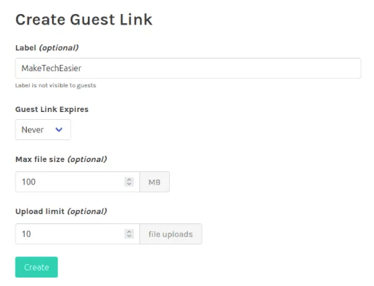 Uno screenshot che mostra un modulo Guest Link compilato.
