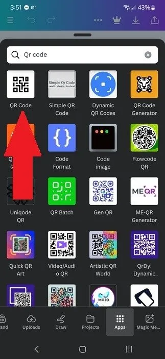 Selecionando o aplicativo de código QR no aplicativo móvel Canva.