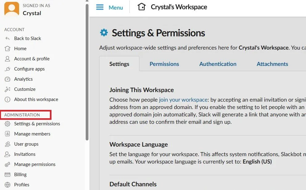 Changing administrative settings in Slack.