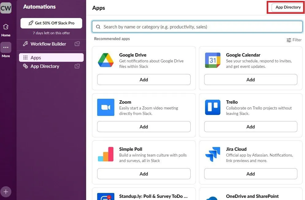 Adding apps once you create a Slack workspace.