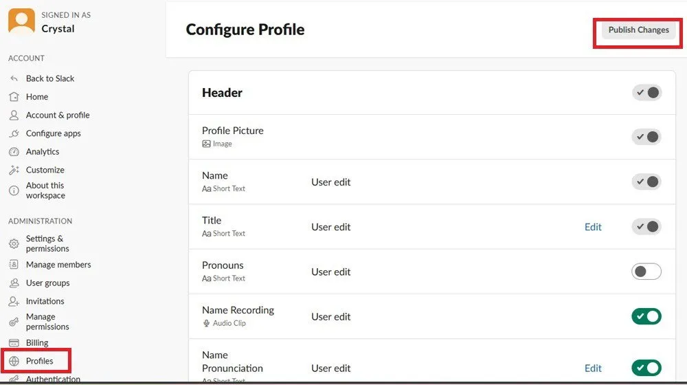 Editing profile fields in Slack.