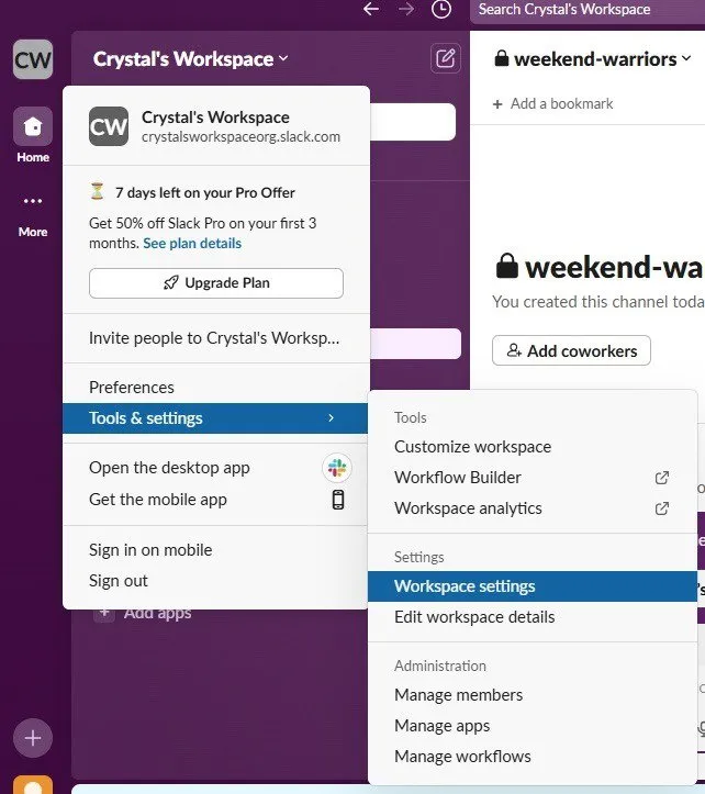 Open the Workspace settings in the Slack dashboard.