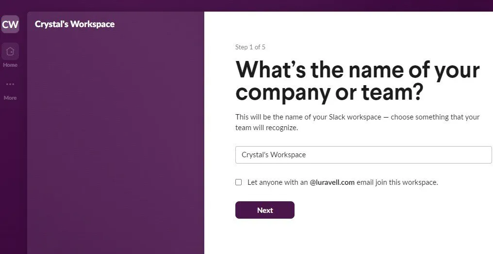 Maak een Slack-werkruimte door eerst een naam voor de werkruimte te kiezen.