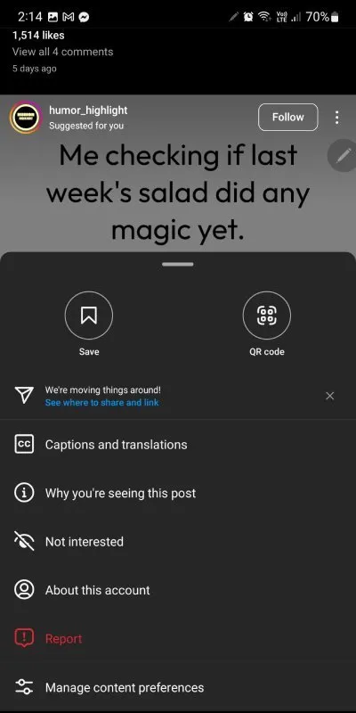 Postagem de feed de limpeza do Instagram não interessada