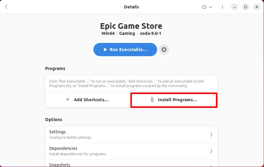 Installez Epic Game Store en bouteille