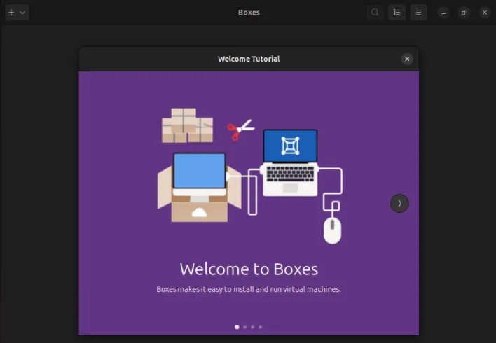 Zrzut ekranu przedstawiający wersję Flatpak aplikacji GNOME Boxes.