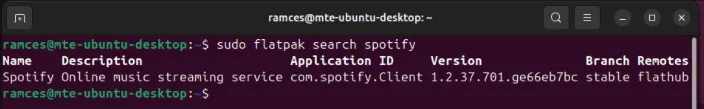 A terminal showing the search output for the Spotify Flatpak app.