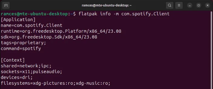 Een terminal met details over de Spotify Flatpak-app.