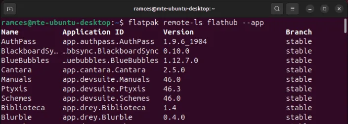 Een terminal met alle beschikbare Flatpaks uit de Flathub-repository.