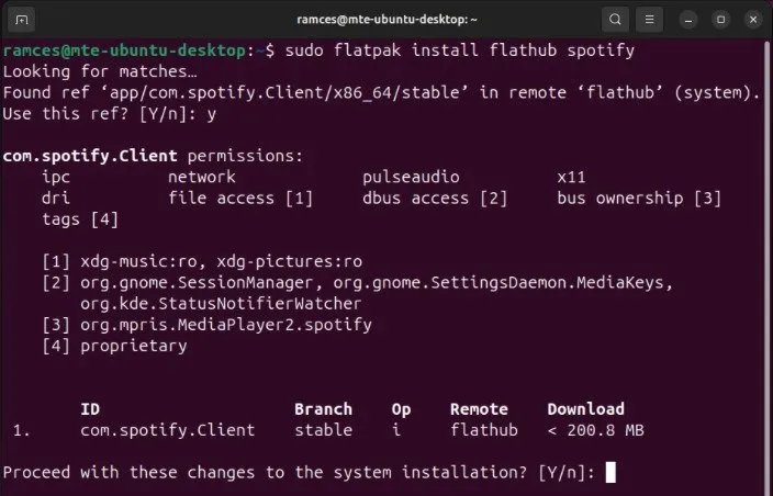 Un terminale che mostra il prompt di installazione per le app Flatpak.
