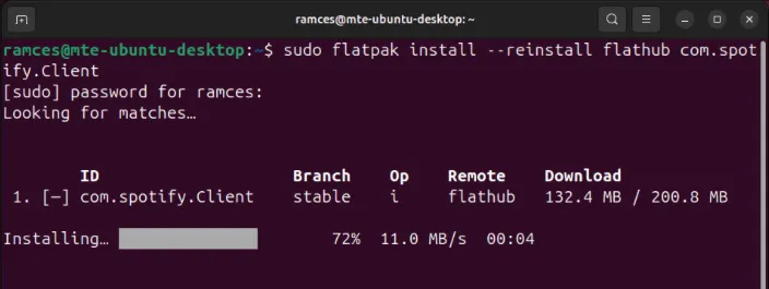Terminal pokazujący proces wymuszonej ponownej instalacji pakietu Flatpak.