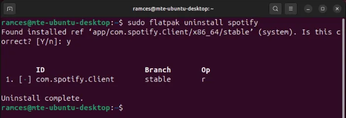 A terminal showing the output of the uninstallation prompt for a Flatpak package.