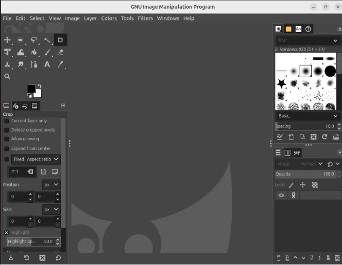 Zrzut ekranu przedstawiający wersję Flatpak programu GIMP działającą w systemie Ubuntu.