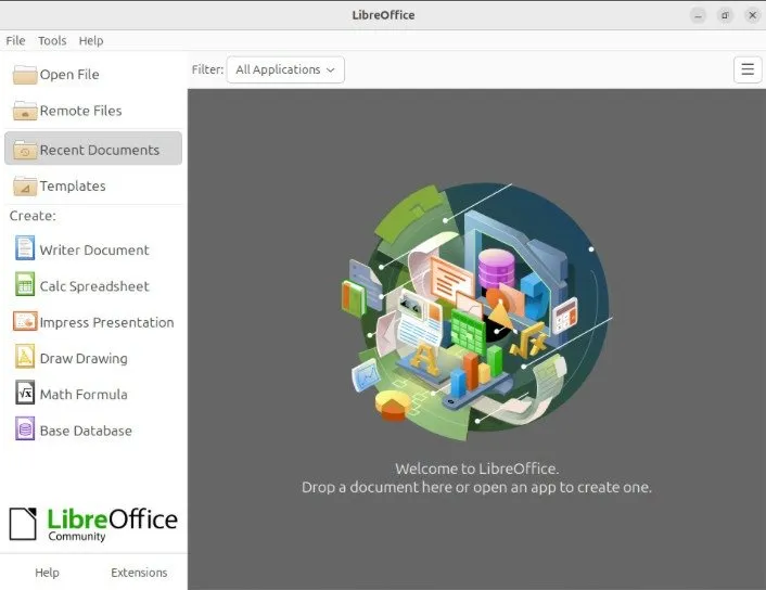 Zrzut ekranu przedstawiający wersję Flatpak pakietu LibreOffice działającą w systemie Ubuntu.