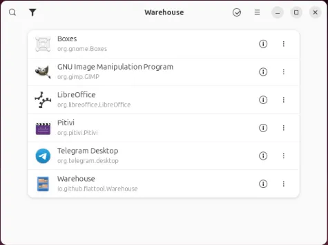 A screenshot of the Warehouse Flatpak Management program running on Ubuntu.