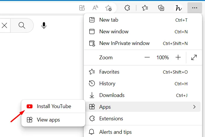 Installa YouTube come app Web da Microsoft Edge