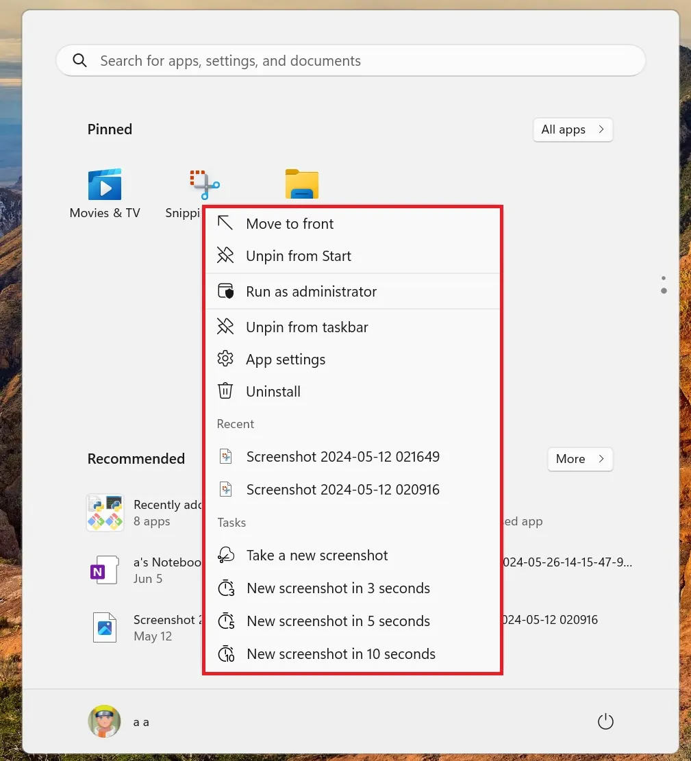 lista de atalhos para ferramenta de recorte no menu iniciar do Windows 11