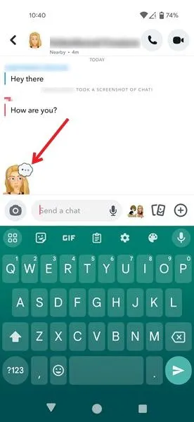 聊天中出現 Bitmoji 表示對方在 Snapchat 上線上。