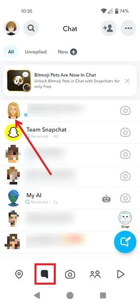 Tapping profile picture in Snapchat chats window in Android app.