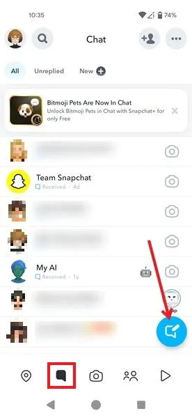 Démarrer une nouvelle discussion dans l'application Snapchat pour Android.