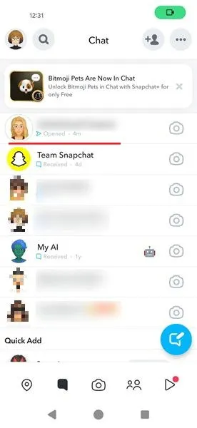 Statut ouvert visible dans les messages de l'application Snapchat sur Android.