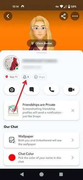 Affichage du Snapscore sur la page de profil d'une personne dans l'application Snapchat pour Android.
