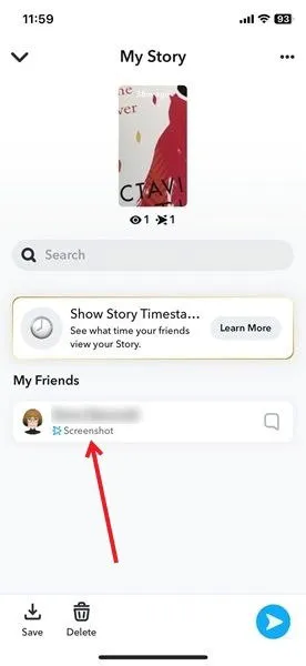Vue des amis qui ont regardé votre histoire sur l'application Snapchat.