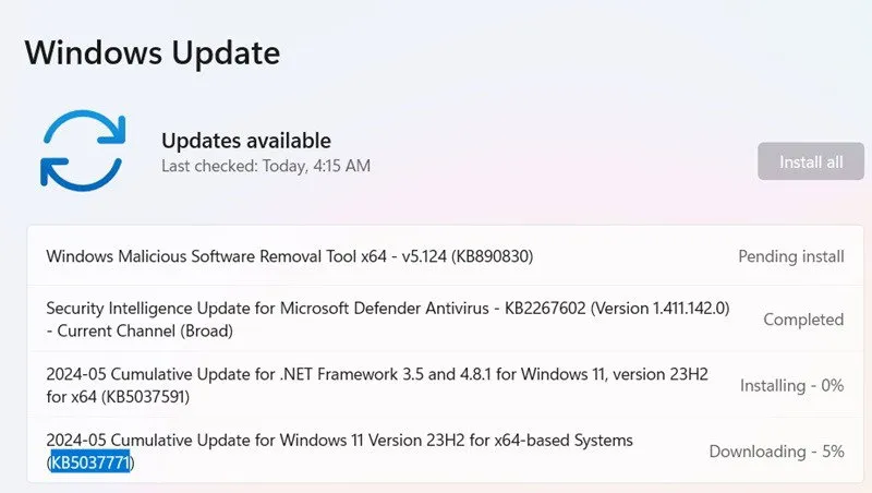 Update KB5037771 uitgebracht in Windows 11 als onderdeel van Patch Tuesday in mei 2024.