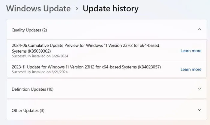 Windows 11-updategeschiedenis voor juni 2024.
