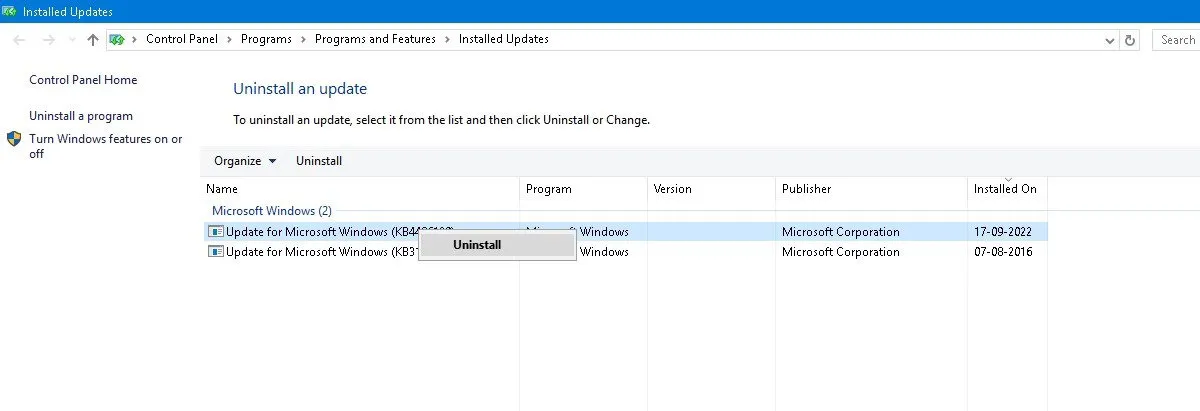 Désinstaller les mises à jour dans Windows 10 à partir du Panneau de configuration.