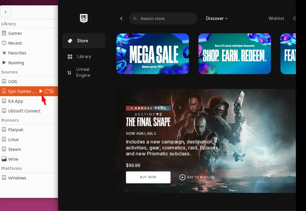 Lançamento da Epic Games Store via Lutris