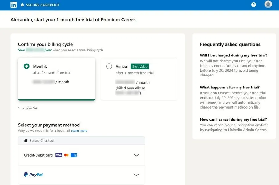 Registrazione al livello LinkedIn Premium su LinkedIn su PC.