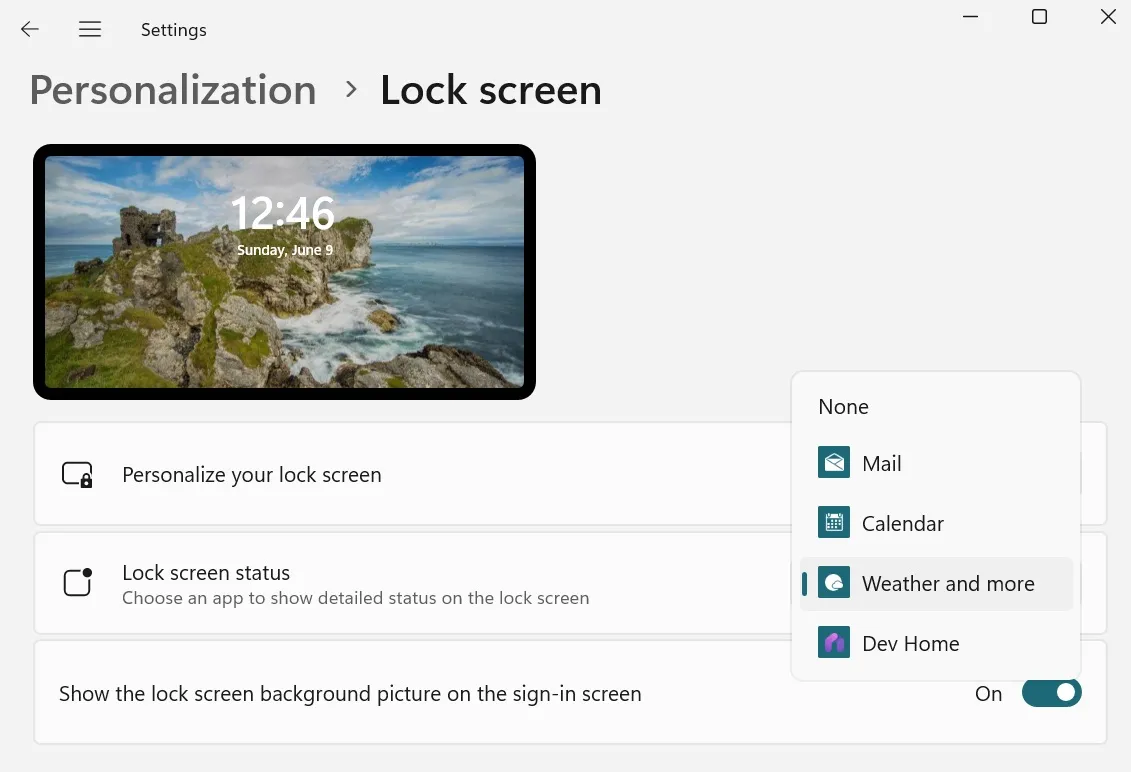 Opciones de widgets de pantalla de bloqueo en la configuración de personalización.