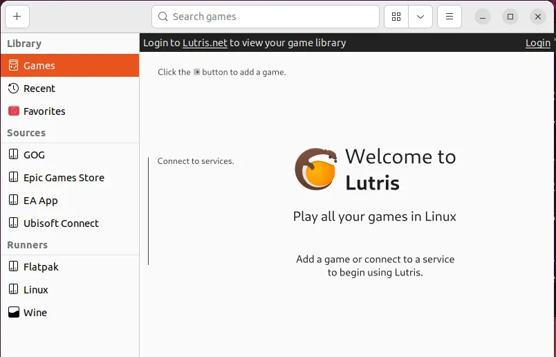 Schermata di benvenuto di Lutris